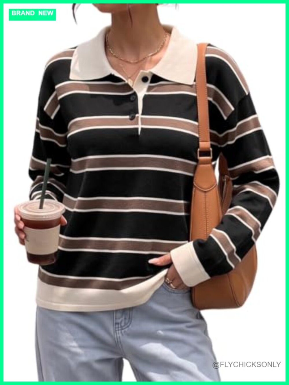 Oversized Button V Neck Knit Pullover Sweater Striped Rugby Polo Collar